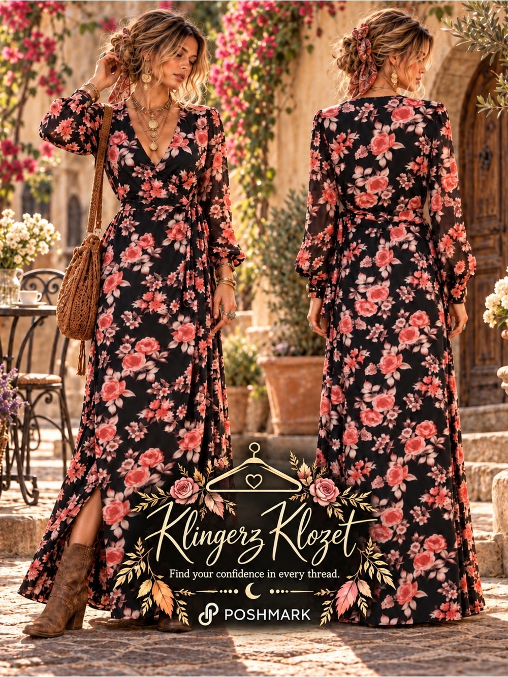 JustFab Black Floral Maxi Dress S Sheer Sleeve Boho Wrap Romantic